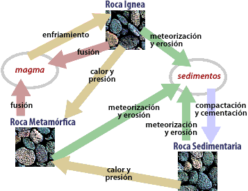 Imagen que muestra el ciclo de las rocas.  Por favor busca a alguien que te asista con esto. Roca Metam�rfica, fusi�n, magma, enfriamiento, Roca Ignea, calor y presi�n, meteorizaci�n y erosi�n, sedimentos, compactaci�n y cementaci�n, Roca Sedimentaria.