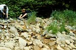 Image of two people looking at some baserock.  This image links to a more detailed image.